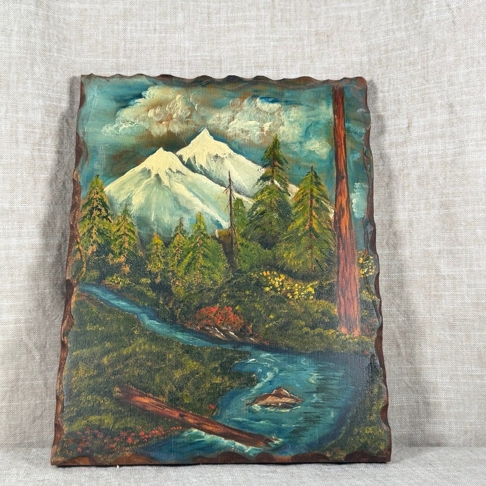 Vintage Textured Mountain Landscape Wall Art, Scalloped Mixed Media Relief